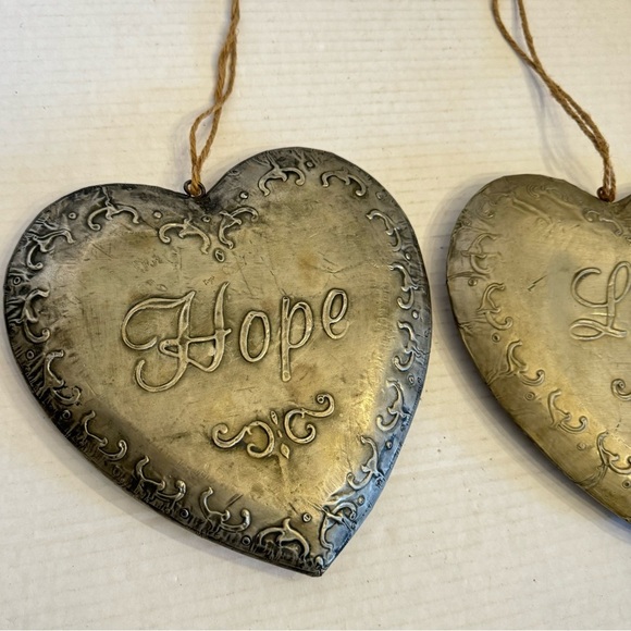 Vintage Set of 2 Stamped Metal Love & Hope Heart Pendants Primitive Décor - Picture 3 of 16
